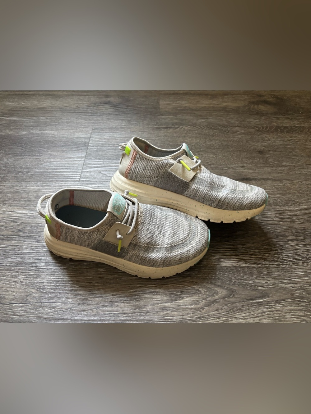 Hey Dude Women's Slip-On Knit Sneakers in Light Gray with Neon Yellow Accents